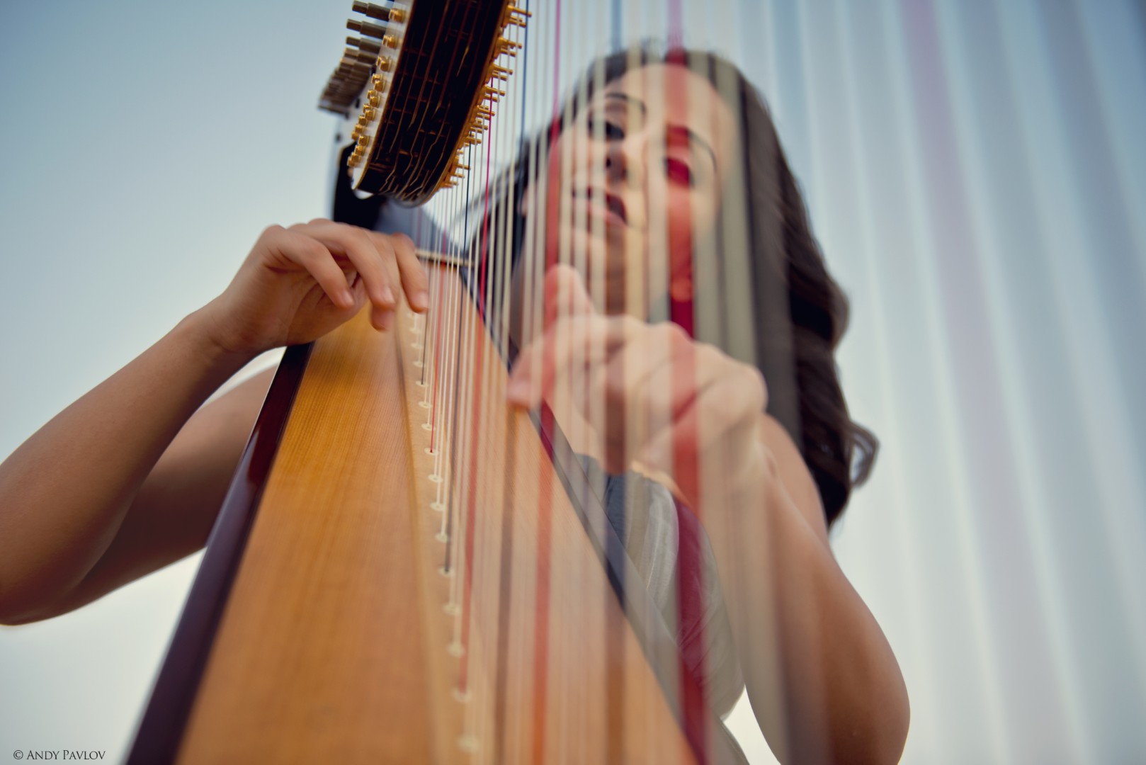 Live harp performance under stage lighting